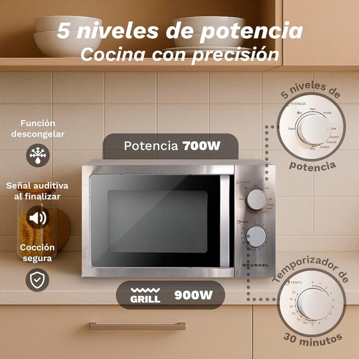 Grunkel MW-20INOX, micro-ondas 20L 700W com função grill e acabamento metálico de alta qualidade, Prata