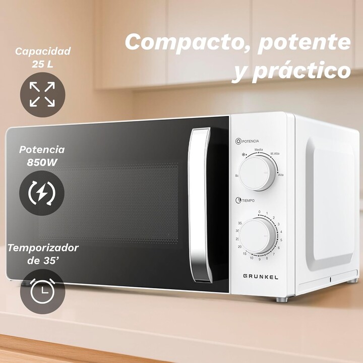 Grunkel MW-25EASY, micro-ondas 25L 850W com controlos intuitivos para uma utilização diária simples e fiável, Branco