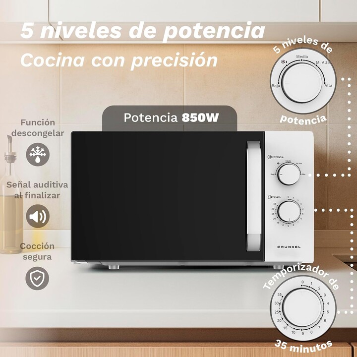 Grunkel MW-25EASY, micro-ondes 25L 850W avec commandes intuitives pour une utilisation quotidienne simple et fiable, blanc