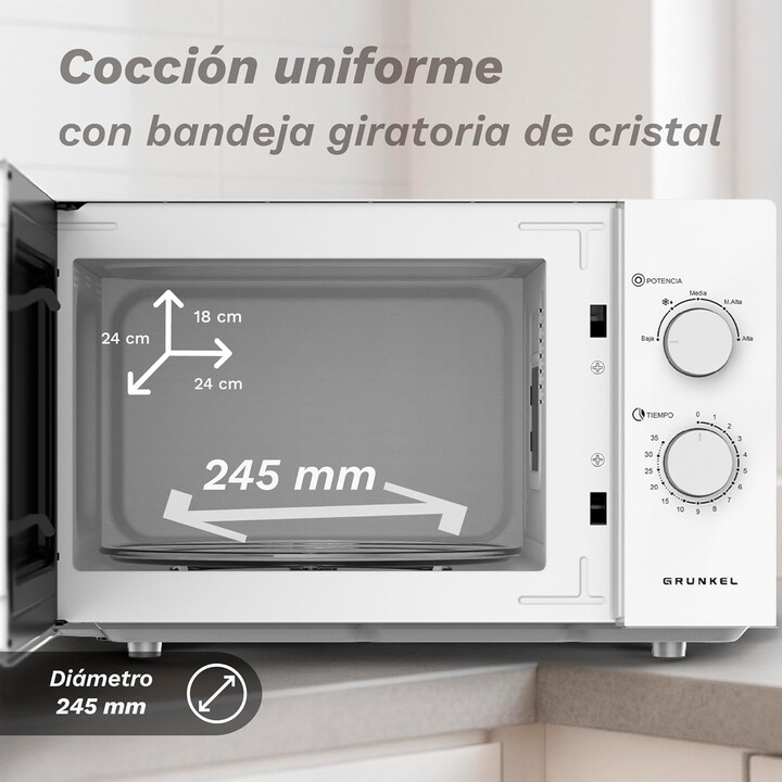 Grunkel MW-25EASY, micro-ondas 25L 850W com controlos intuitivos para uma utilização diária simples e fiável, Branco