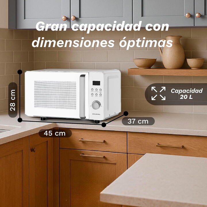 Grunkel MWD-25FLAT, 25L 800W microwave with flatbed technology for increased internal cooking space, White