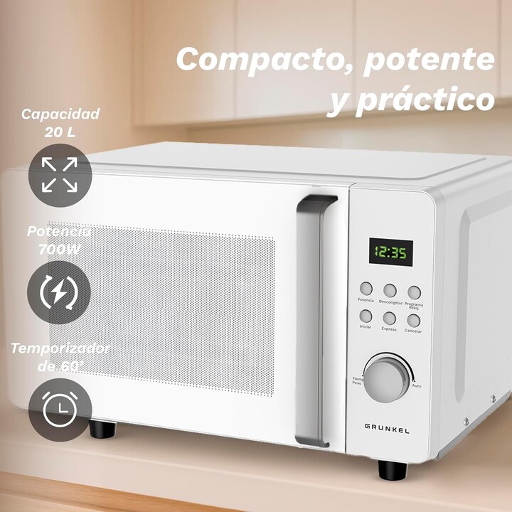 Grunkel MWD-25FLAT, 25L 800W microwave with flatbed technology for increased internal cooking space, White