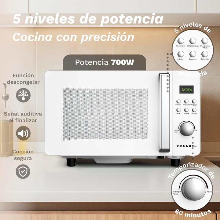 Grunkel MWD-25FLAT, 25L 800W microwave with flatbed technology for increased internal cooking space, White