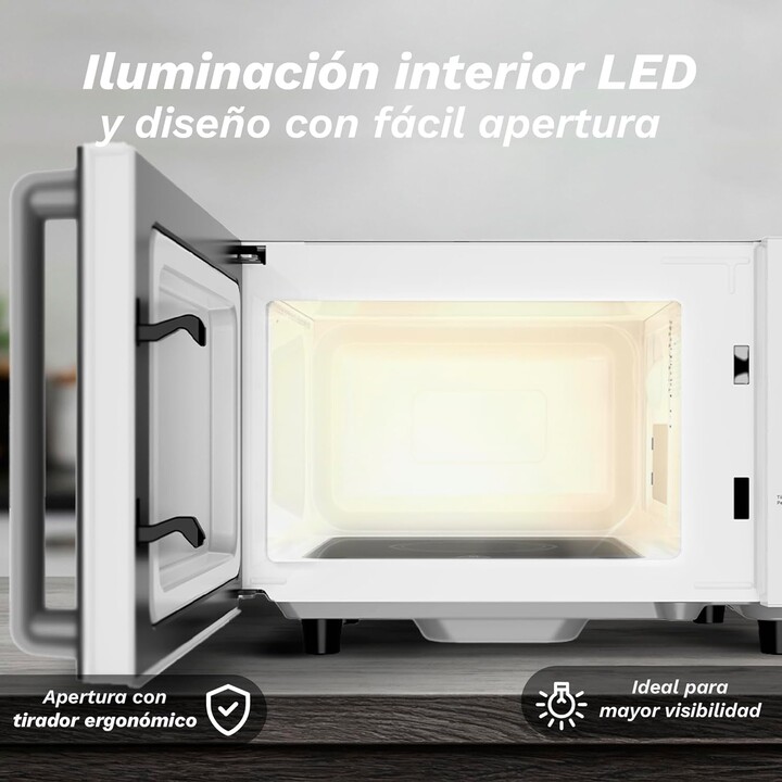 Grunkel MWD-25FLAT, 25L 800W microwave with flatbed technology for increased internal cooking space, White