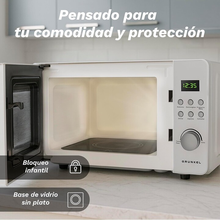 Grunkel MWD-25FLAT, 25L 800W microwave with flatbed technology for increased internal cooking space, White
