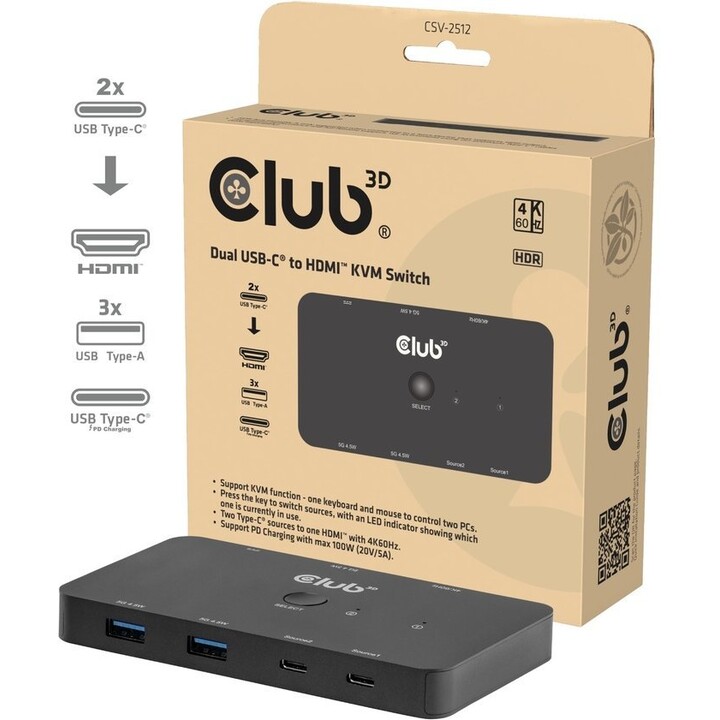 Club 3D CSV-2512 Switch KVM Dual USB-C to HDMI 4K 60Hz 100W PD