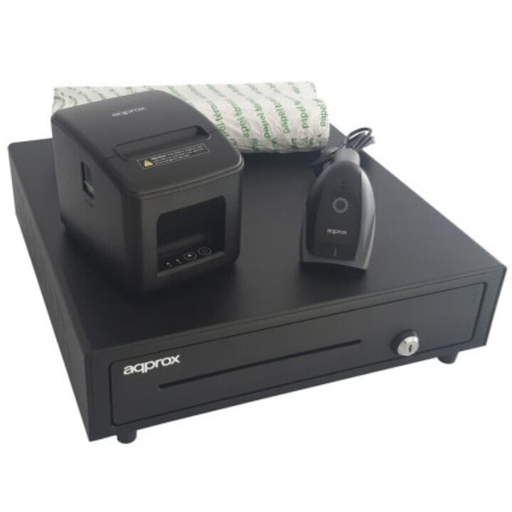 Approx appPOSPACK4180LAN-2D kit POS con cassetto portadenaro, stampante termica, lettore codici e rotoli, nero