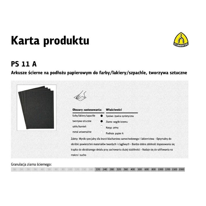 KLINGSPOR PAPIER ŚCIERNY WODNY P1500 PS11A/50szt