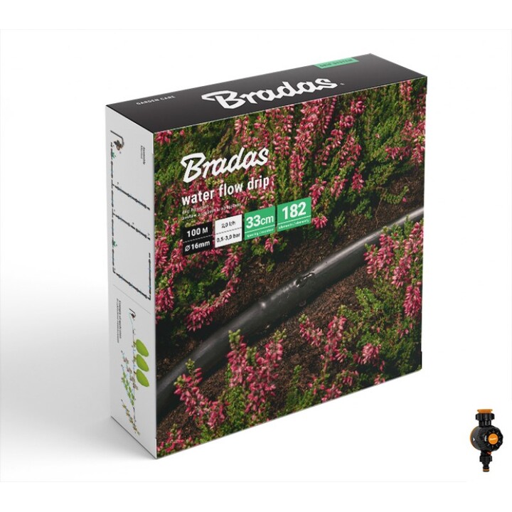 Bradas Kit de riego por goteo Water Flow 100m con programador de caudal de agua