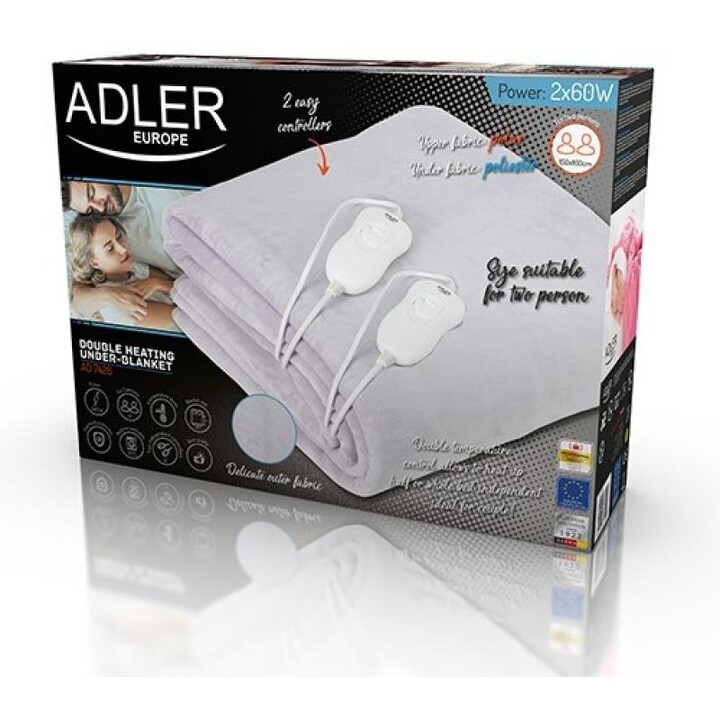 Adler AD 7426, Manta eléctrica calientacamas 60W con suave tejido polar y poliéster para un descanso térmico confortable, Gris