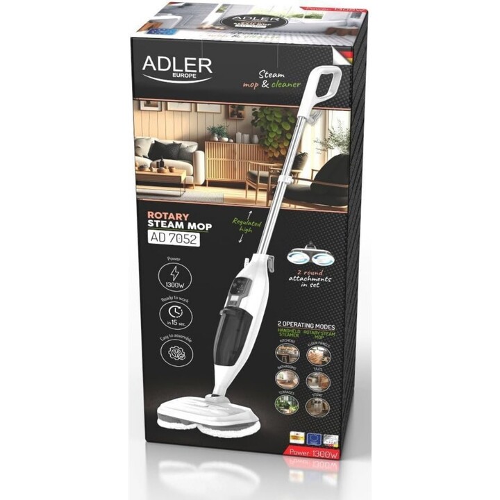 Adler AD 7052, Multifunction Steam Mop with Swivel Head and Water Tank for Deep Surface Cleaning and Sanitizing, Black