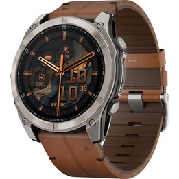 Garmin fenix 8 AMOLED 51 mm safira titânio com pulseira de couro marrom