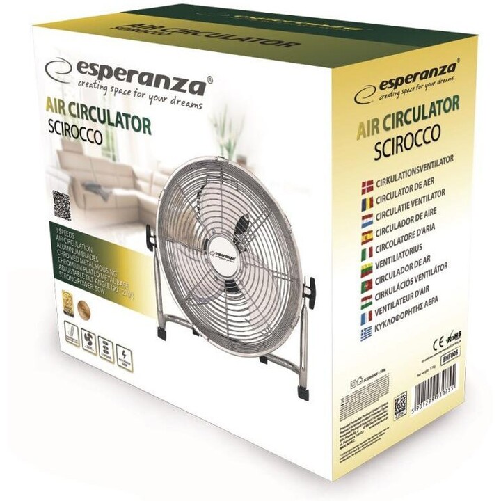 Esperanza EHF005 Scirocco, ventoinha de circulação de ar de 12 polegadas com acabamento cromado durável, prata