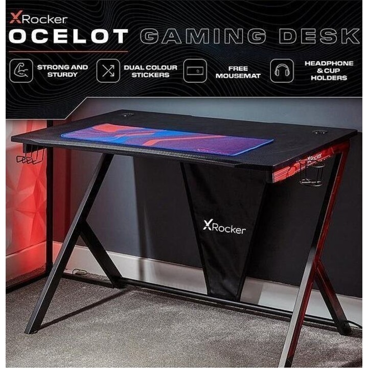 X Rocker Ocelot Carbon, scrivania da gioco con tappetino per mouse e sistema di gestione dei cavi integrato, nero