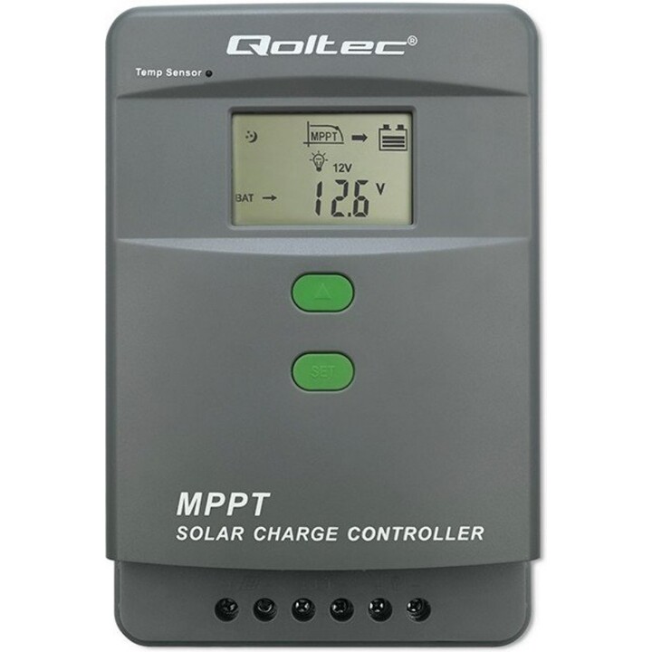 Qoltec Cargador Solar MPPT 60A con Sensor de Temperatura para Sistemas Solares, Gris