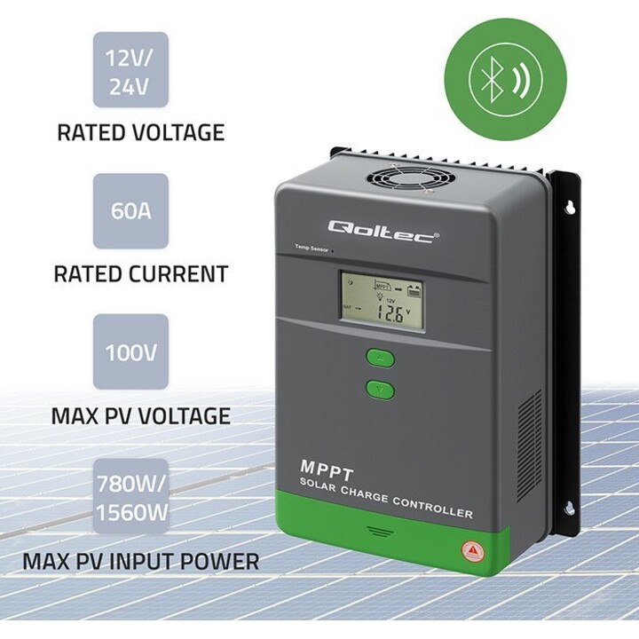 Qoltec Cargador Solar MPPT 60A con Sensor de Temperatura para Sistemas Solares, Gris