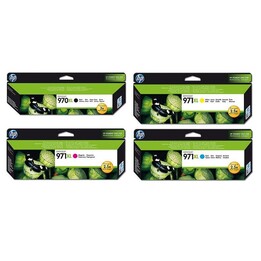 Pacote com vários cartuchos de tinta HP Original 970XL/971XL nas cores preto, ciano, magenta e amarelo.