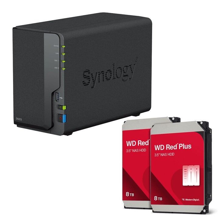 Gabinete vacío para servidor NAS Synology DiskStation DS223 de 2 bahías + discos duros WD Red SATA de 3,5" de 16 TB (2 x 8 