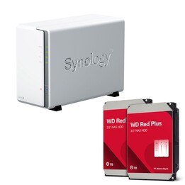 Servidor NAS Synology DiskStation DS223J de 2 baias, gabinete vazio + 16 TB de discos rígidos WD Red Plus SATA de 3,5" (2x 