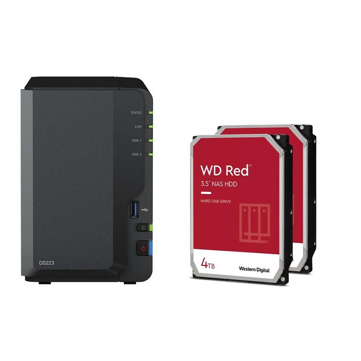 Servidor NAS Synology DiskStation DS223 de 2 baias, gabinete vazio + discos rígidos WD Red 40EFPX SATA de 3,5" com 8 TB (2x