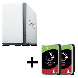 Gabinete para servidor NAS Synology DiskStation DS223J de 2 bahías + discos duros Seagate Ironwolf SATA de 3,5" y 16 TB (2 
