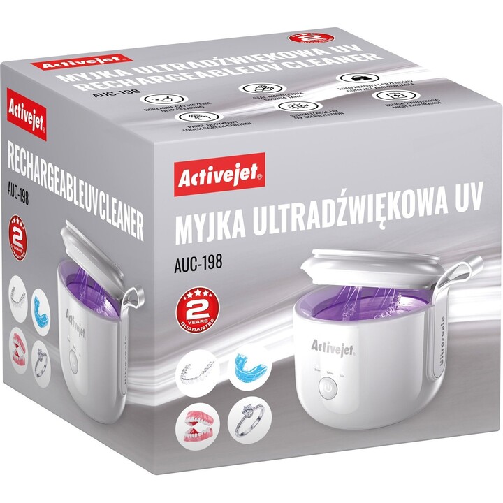 Activejet AUC-198 Limpiador ultrasónico recargable por USB con lámpara UV integrada, blanco