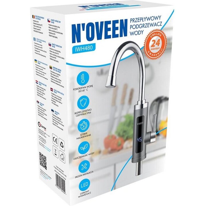 Calentador de agua instantáneo Noveen IWH480 con indicador digital de temperatura, Blanco