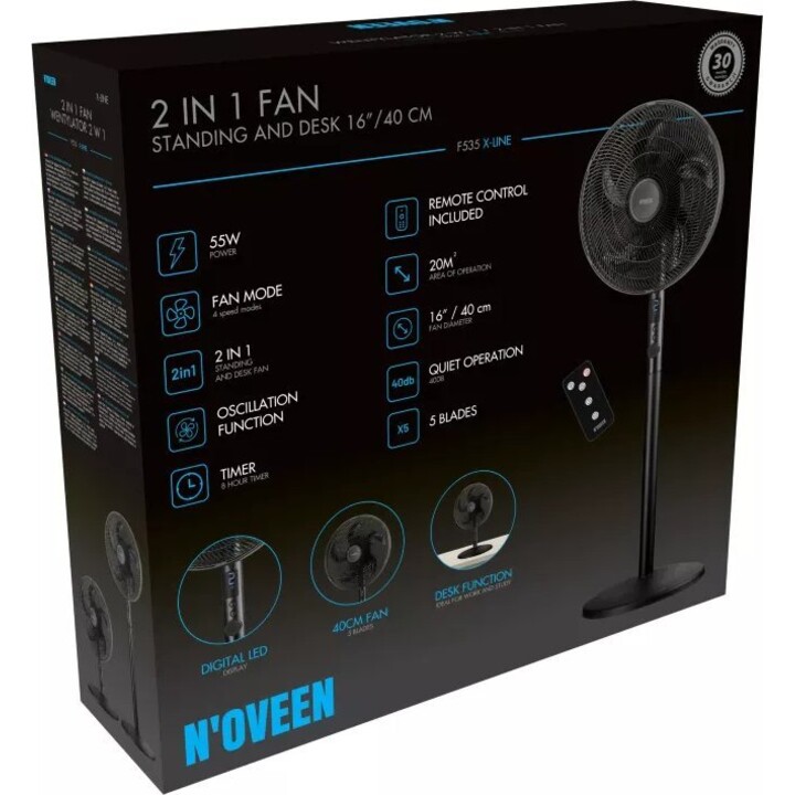 Noveen F535 Ventilatore da piedistallo e da tavolo 2 in 1 con pale da 40 cm di diametro, bianco
