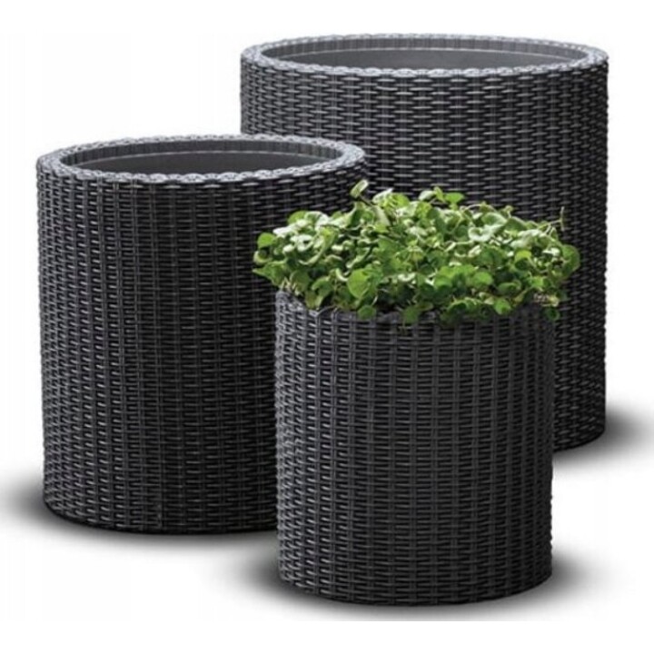 Set di 3 fioriere cilindriche Keter di dimensioni S, M e L per giardino e patio, antracite