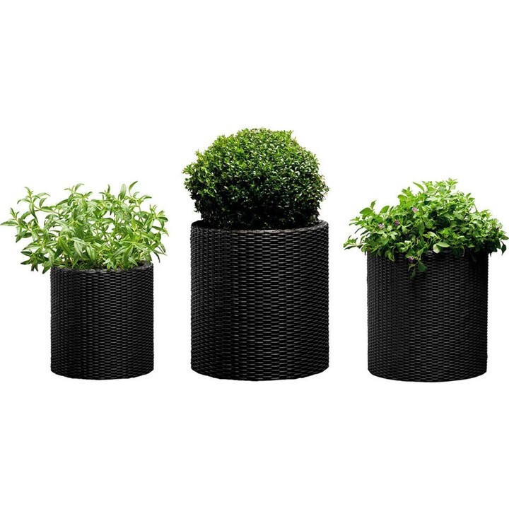 Set di 3 fioriere cilindriche Keter di dimensioni S, M e L per giardino e patio, antracite