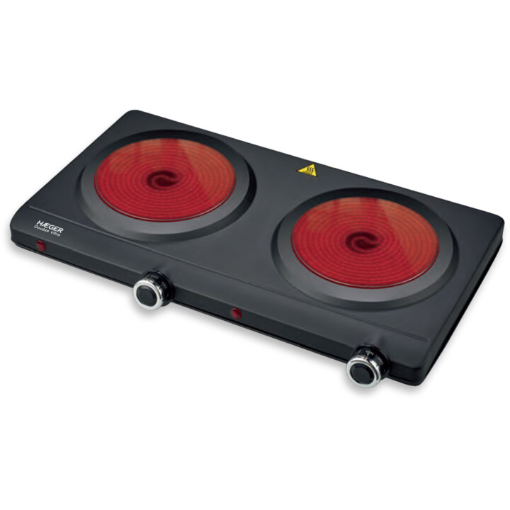 Haeger HP-02V.016A, 2-zone electric ceramic hob with adjustable heat levels and built-in safety, Black