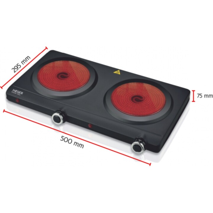 Haeger HP-02V.016A, 2-zone electric ceramic hob with adjustable heat levels and built-in safety, Black