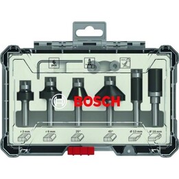 Juego de 6 fresas de corte y canteado Bosch con mandril técnico de 8 mm, plata
