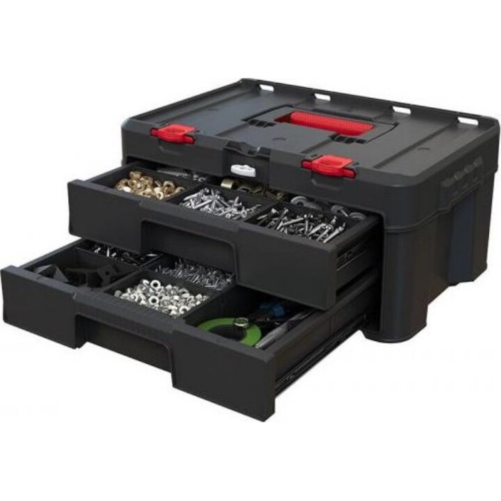 Keter Stack'N'Roll 2-Drawer Tool Box for Professional Technical Storage, Black