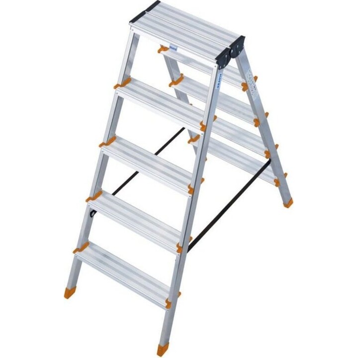 Escalera de doble peldaño Krause Dopplo 2x4 peldaños, aluminio plateado con tapas naranjas