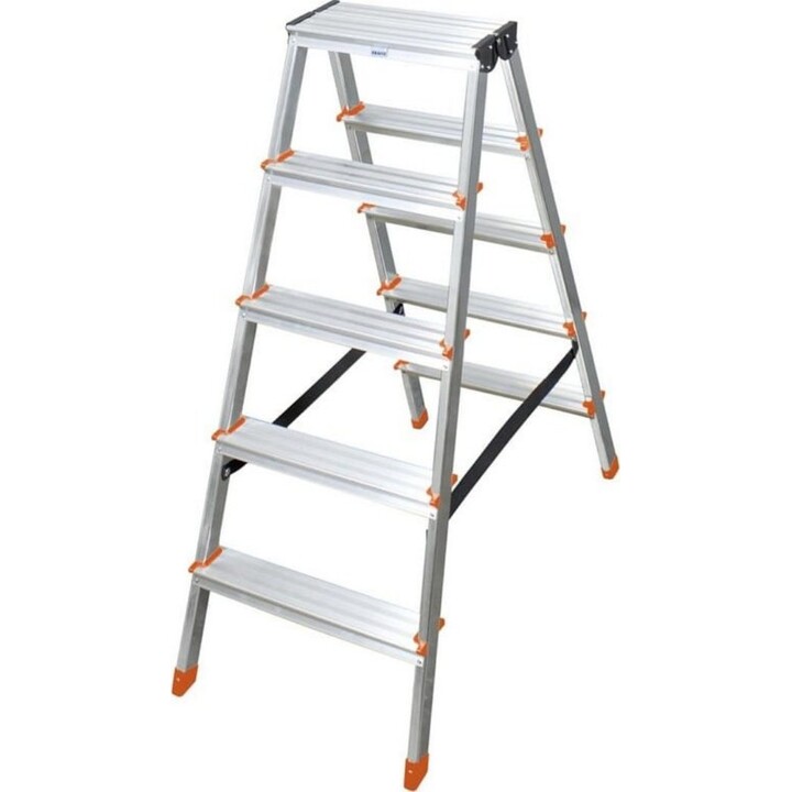 Escalera de doble peldaño Krause Dopplo 2x4 peldaños, aluminio plateado con tapas naranjas