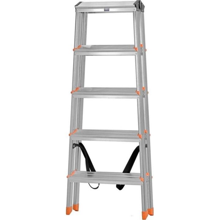 Escalera de doble peldaño Krause Dopplo 2x4 peldaños, aluminio plateado con tapas naranjas