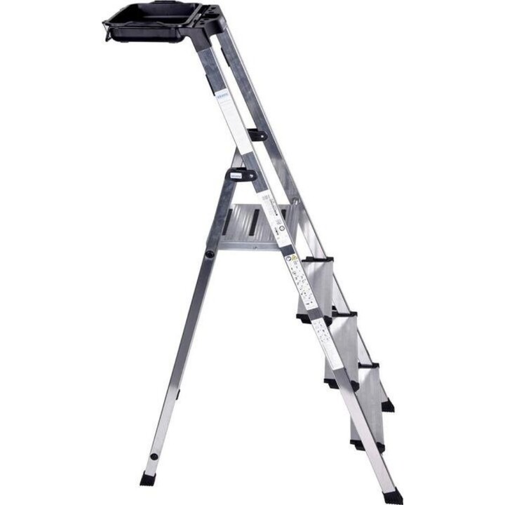 Escalera de seguridad Krause Secury de aluminio con 4 peldaños y sistema integrado de bandeja para herramientas