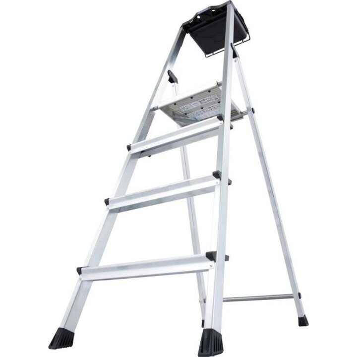 Escalera de seguridad Krause Secury de aluminio con 4 peldaños y sistema integrado de bandeja para herramientas