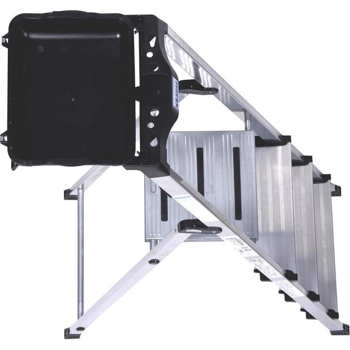 Escalera de seguridad Krause Secury de aluminio con 4 peldaños y sistema integrado de bandeja para herramientas