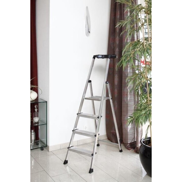 Escalera de seguridad Krause Secury de aluminio con 4 peldaños y sistema integrado de bandeja para herramientas