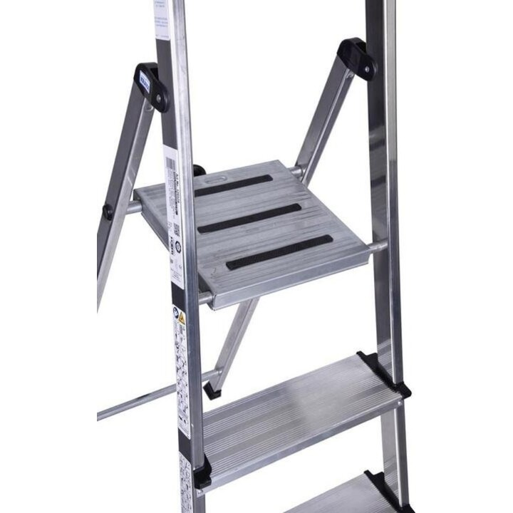 Escalera de seguridad Krause Secury de aluminio con 4 peldaños y sistema integrado de bandeja para herramientas