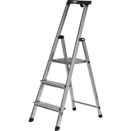 Escalera plegable de seguridad Krause con 3 peldaños de aluminio y acabado plateado profesional