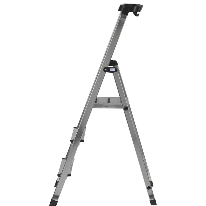 Escalera plegable de seguridad Krause con 3 peldaños de aluminio y acabado plateado profesional