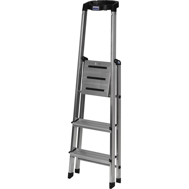 Escalera plegable de seguridad Krause con 3 peldaños de aluminio y acabado plateado profesional