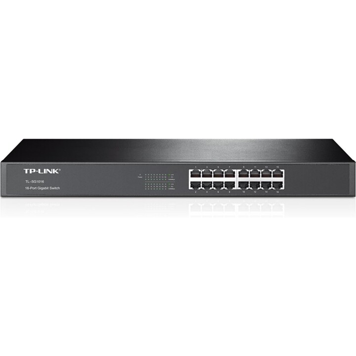 Conmutador Gigabit TP-Link de 16 puertos para montaje en bastidor con tecnología ecológica y Ethernet de bajo consumo