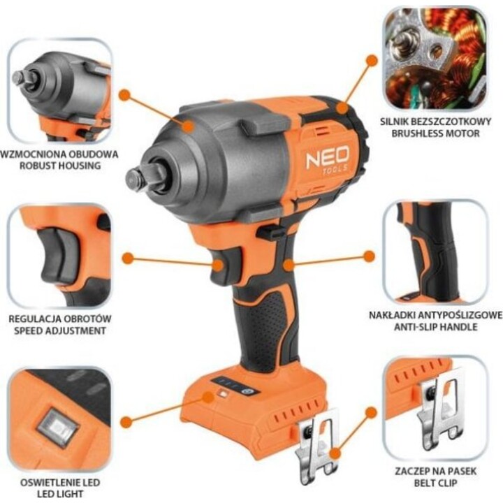 Neo Tools 04-608, 18V Brushless Impact Wrench 850Nm, Orange