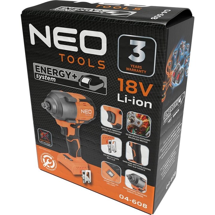 Neo Tools 04-608, Llave de Impacto 18V sin escobillas 850Nm, Naranja