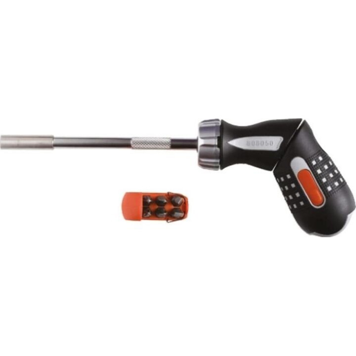 Bahco 808050P, Destornillador manual de carraca simple, mango ergonómico de alto par, negro/naranja