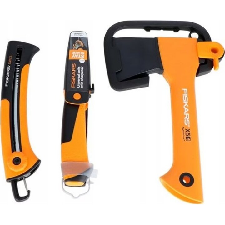 Fiskars 1057912, Kit di sopravvivenza X5 Accetta + Coltello + Sega, Attrezzatura per esterni, Nero/Arancione
